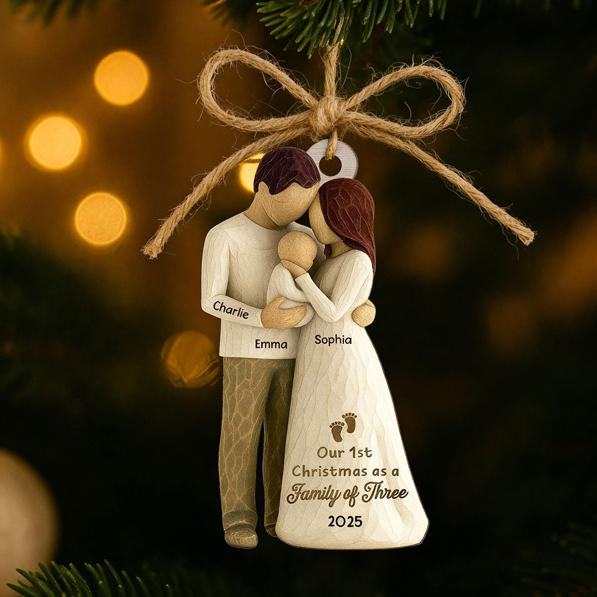 3D Effect First Christmas As Family Of Three Mom Dad & Baby - Personalized Car Hanger
