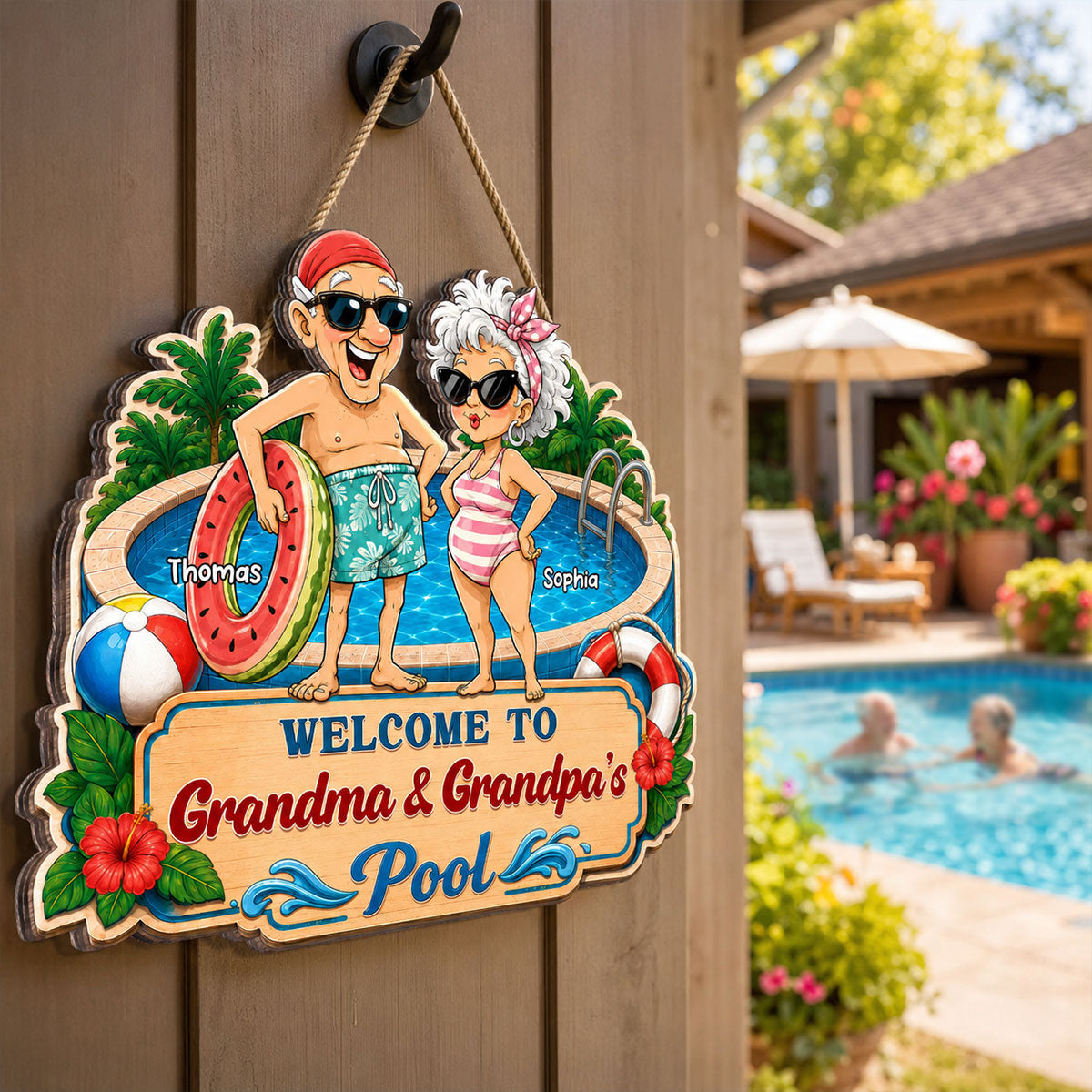 Welcome To Grandma & Grandpa's Pool 2D Flat - Personalized Pool Wooden Sign - Poolside Decor For Grandparents