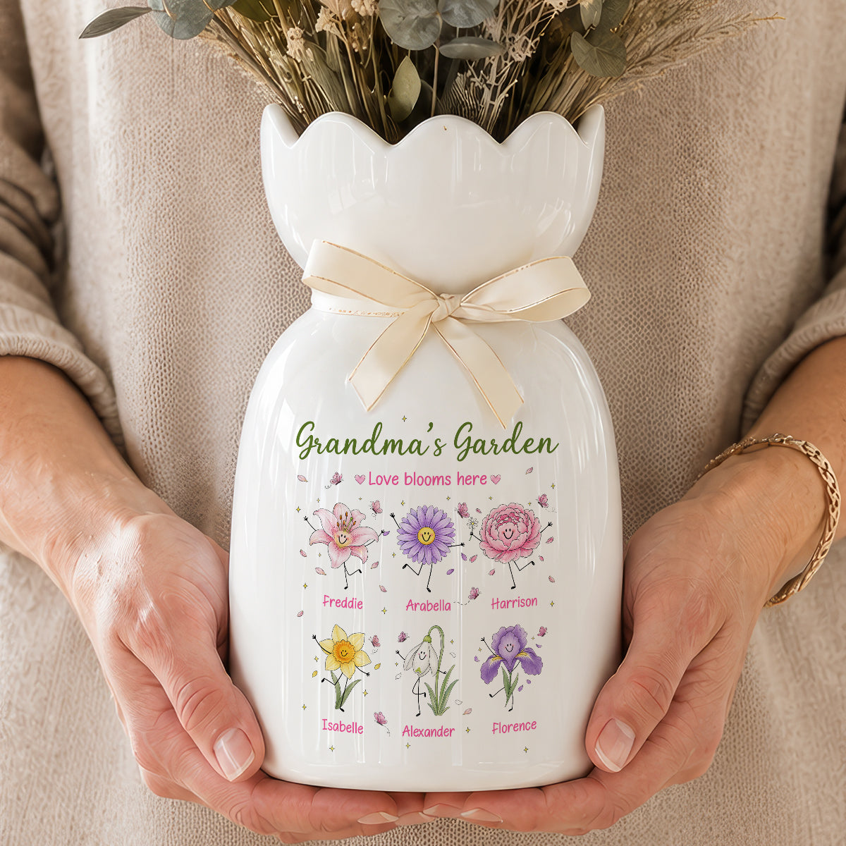 Grandma's Garden Cute Doodle Birth Month Flowers - Personalized Ceramic Flower Vase - Gift For Grandma, Mom