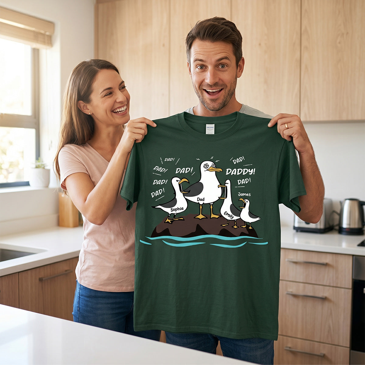 Seagull Dad! Dad! Dad! Tired Seagull & Kids - Personalized Shirt - Funny Father's Day Gift For Dad, Husband