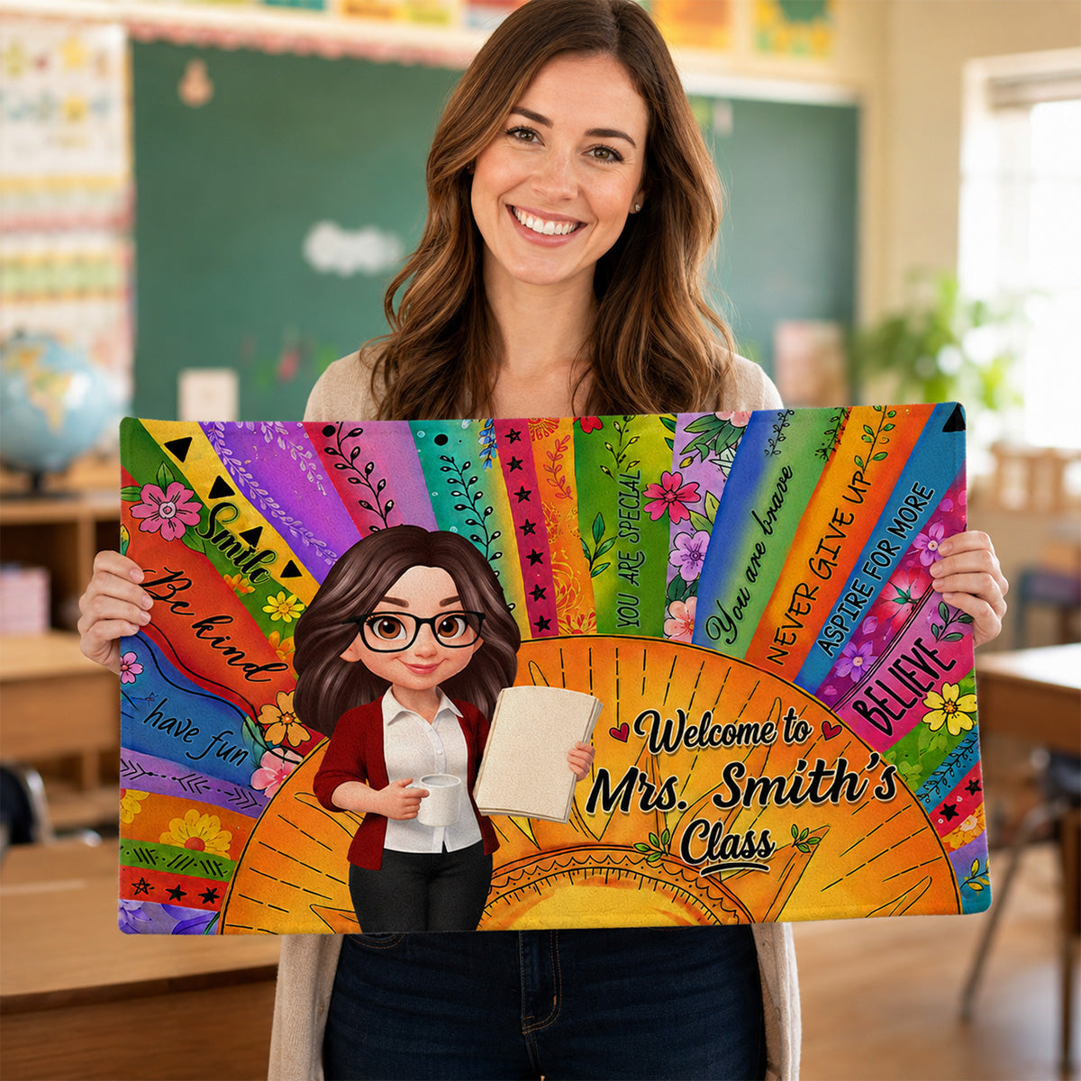 Welcome To Teacher Classroom Boho Sun Colorful Message - Personalized Doormat - Back To School Gift For Teacher