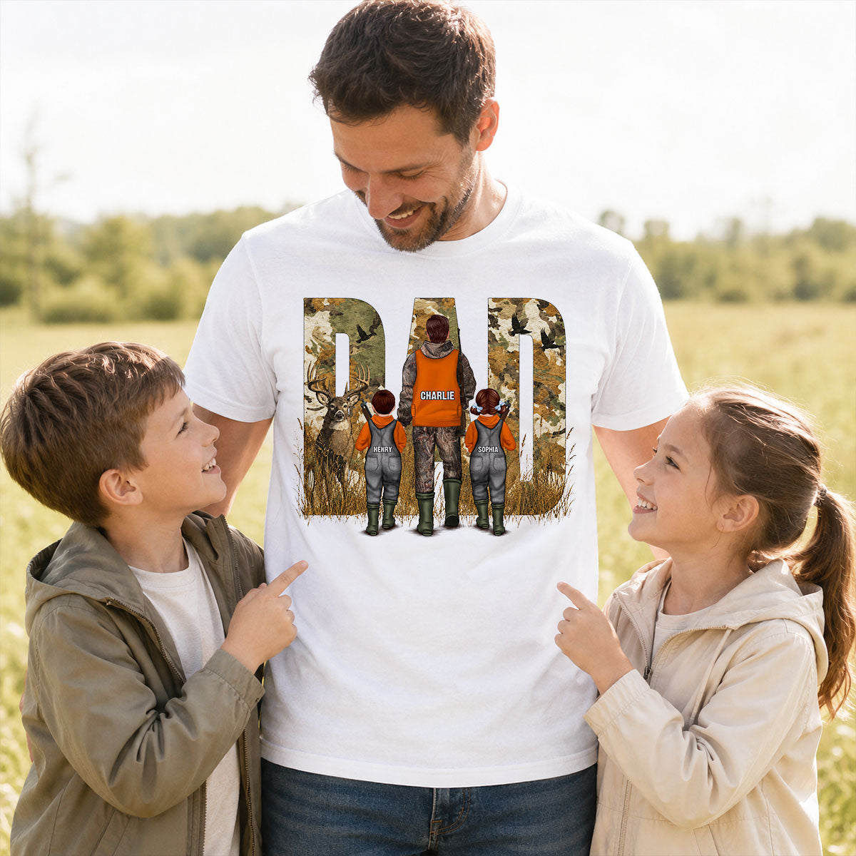 Hunting Dad & Children - Personalized Shirt - Outdoor Father's Day Gift for Dad, Husband