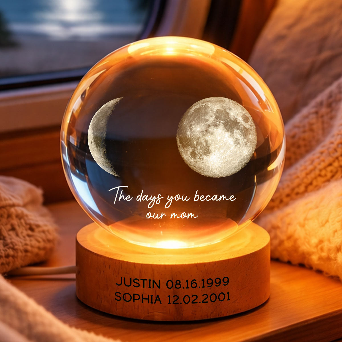 The Day You Became My Mom Engraved Wooden Base - Personalized Crystal Ball LED Night Light - Sentimental Gift for Mom