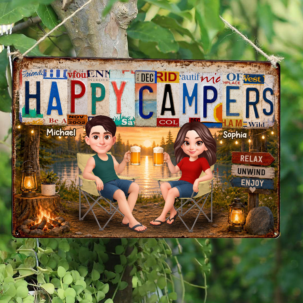 Happy Campers Camping Couple License Plate Style - Personalized Metal Sign - Gift For Campers
