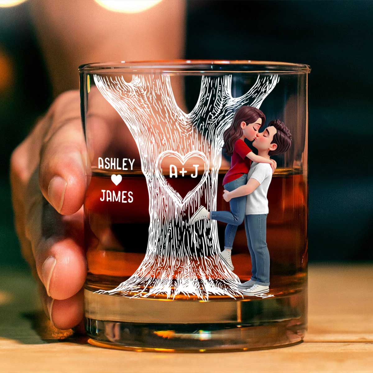 Eternal Love Couple Hugging Kissing Tree Of Love - Personalized Whiskey Glass, Wine Glass - Heartfelt Valentine, Anniversary Gift For Him, For Her
