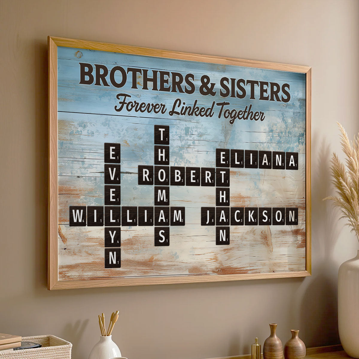 Brothers & Sisters Forever Linked Together Crossword Puzzle Art Blue Wood Palette - Personalized Poster - Gift For Siblings, Family