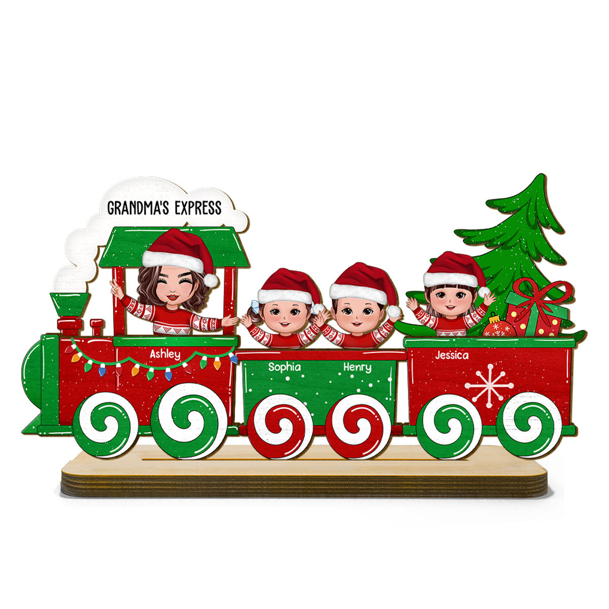 Cute Kids On Christmas Train Personalized 2-Layer Standing Wooden Plaque