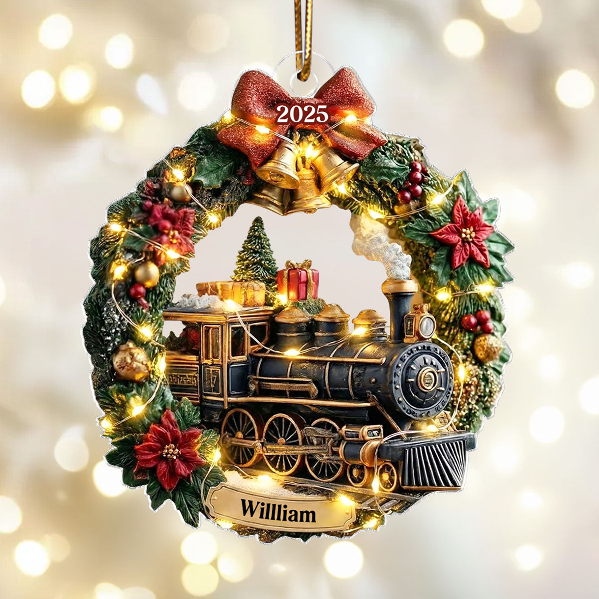 Christmas Train Family Keepsake Wreath - Personalized Acrylic Ornament - Christmas Gift For Kid, Family