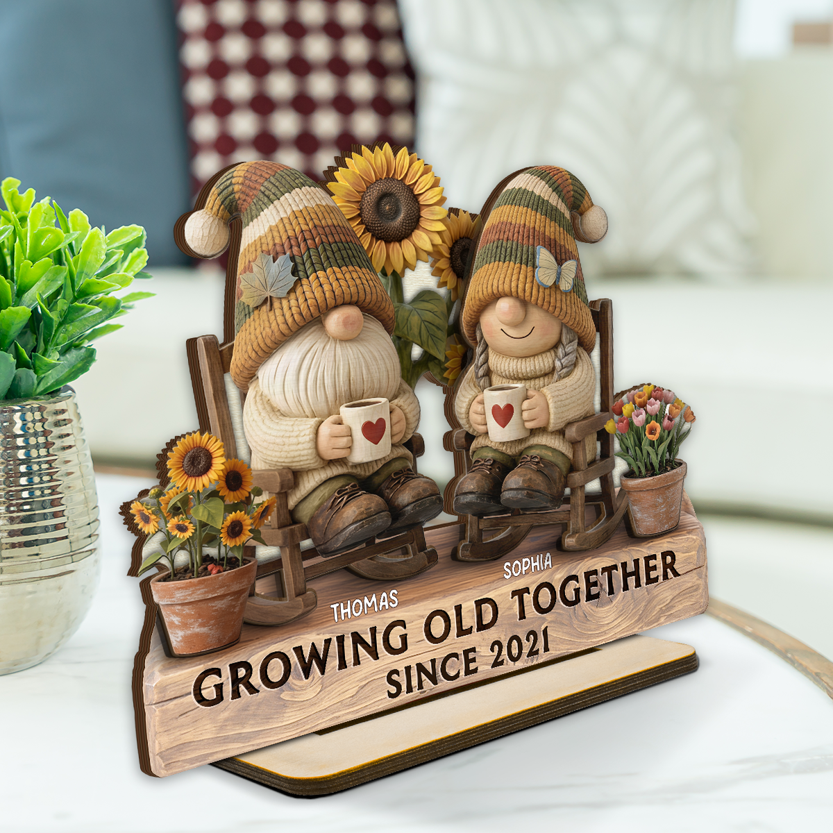 3D Effect Gnome Couple Grow Old Together - Personalized 2-Layered Wooden Plaque - Perfect Valentine's Day Gift For Him, Gift For Her