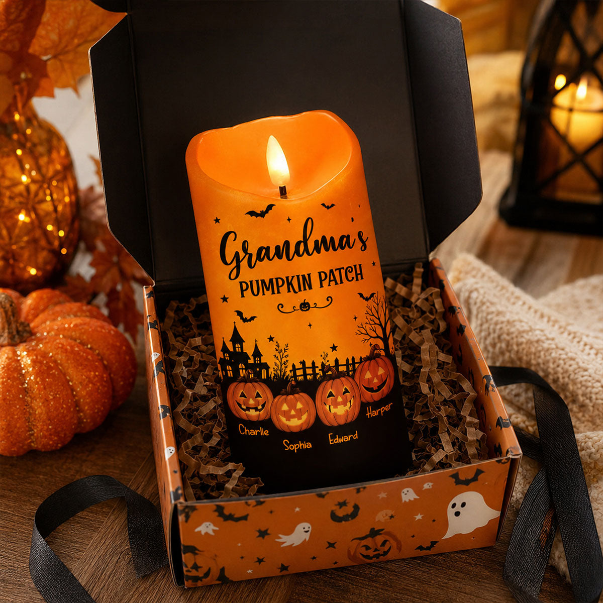 Grandma's Pumpkin Patch Jack-o'-lantern Pumpkins - Personalized LED Candle - Perfect Halloween Decor For Grandma
