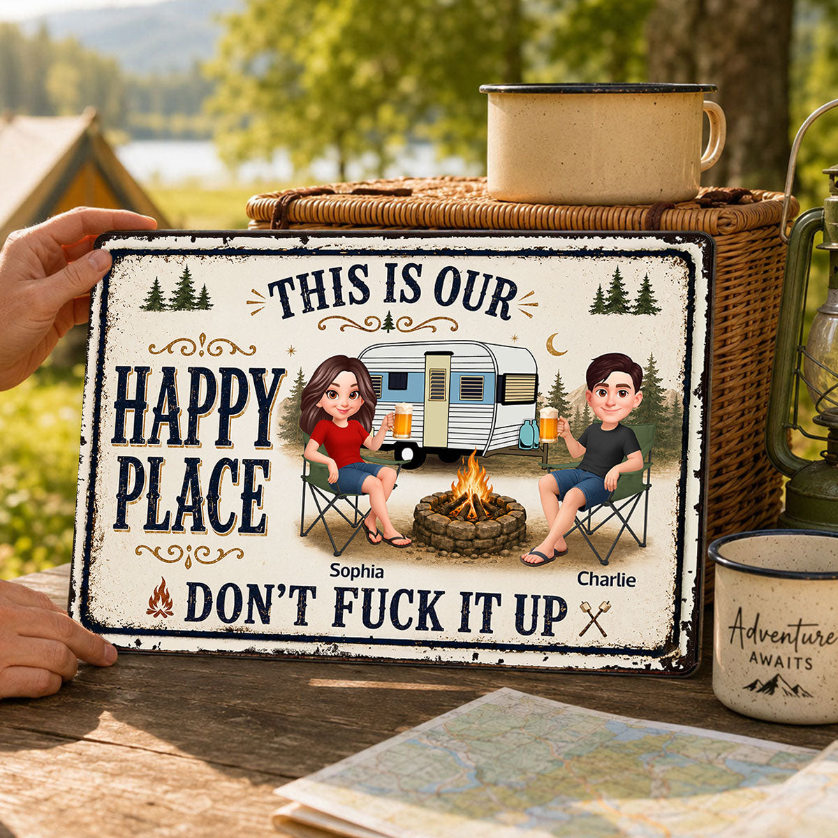This Is Our Happy Place Camping Couple - Personalized Metal Sign - Funny Sarcasm Decoration For Campsite