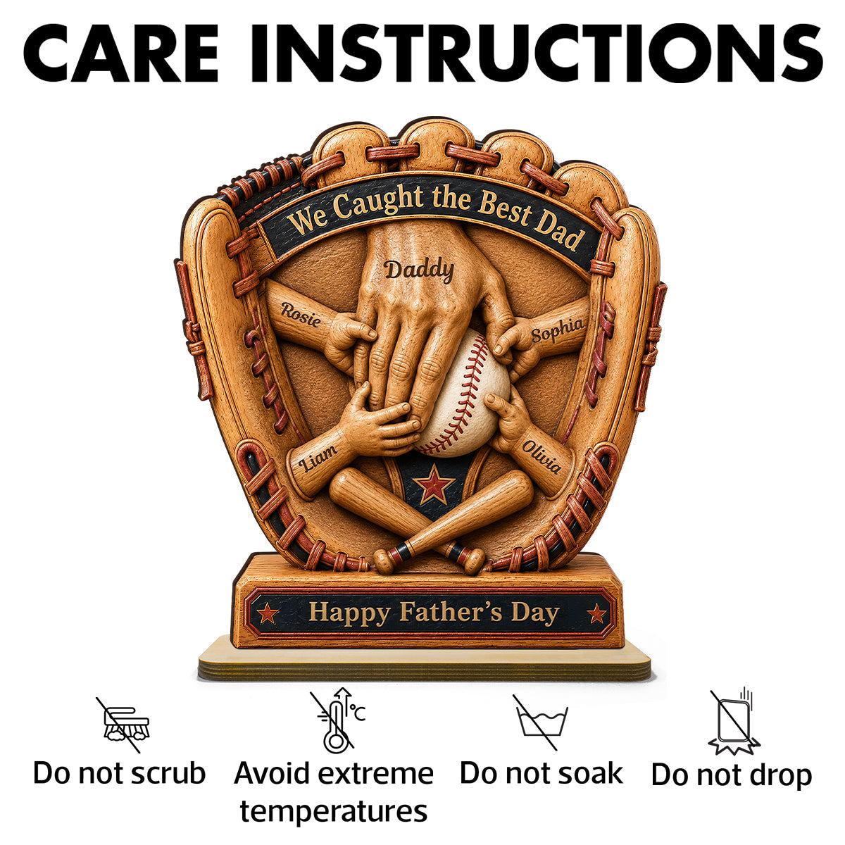 Baseball Glove Dad & Kids' Hands - Personalized 2-Layered Wooden Plaque -  Gift For Dad, Husband