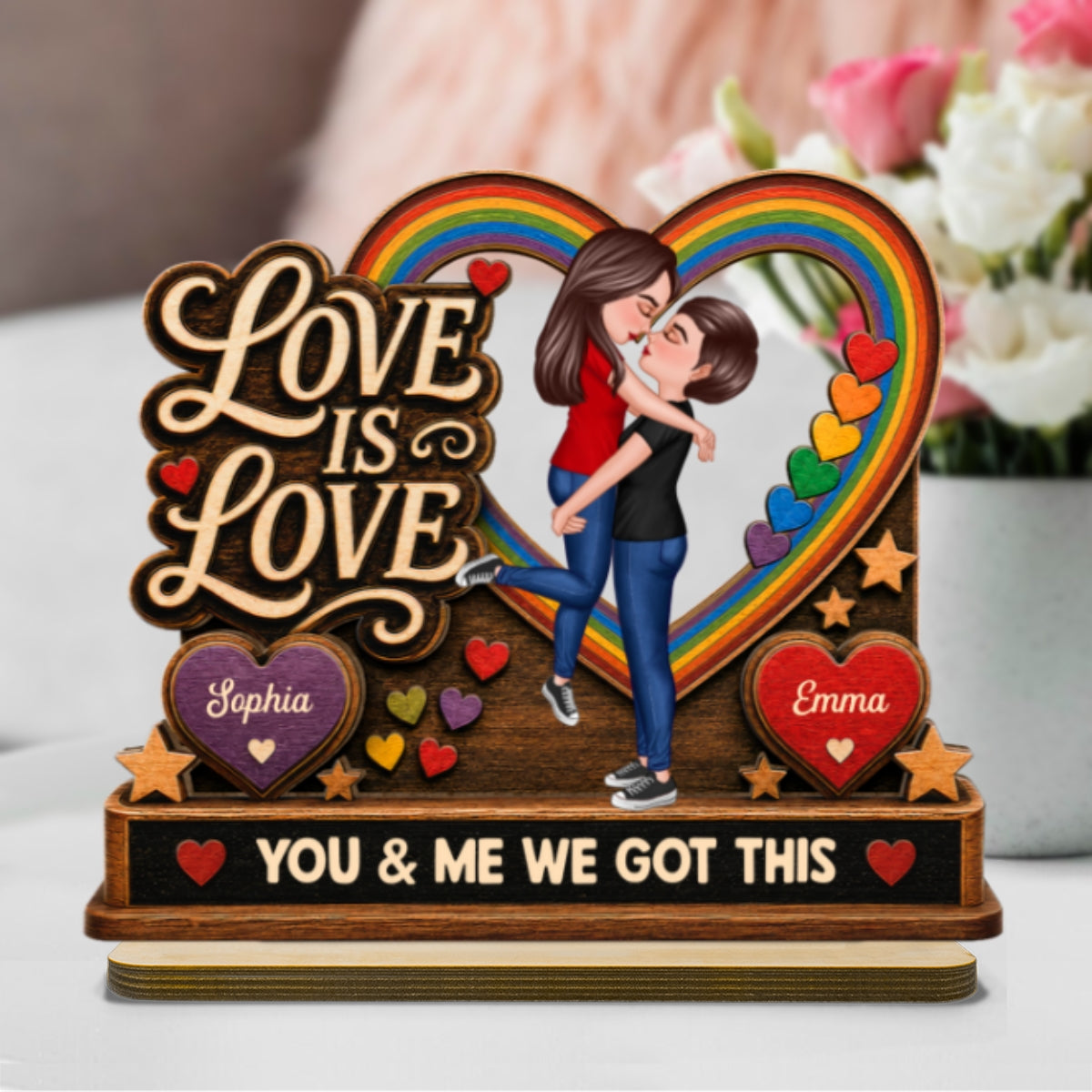 Love Is Love LGBTQ+ Couple Kissing - Personalized 2-Layered Wooden Plaque - Pride Month Gift For Couple