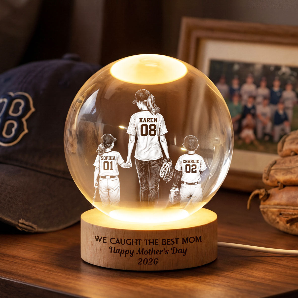 We Caught the Best Mom - Personalized Crystal Ball LED Night Light - Mother's Day Gift for Mom, Wife