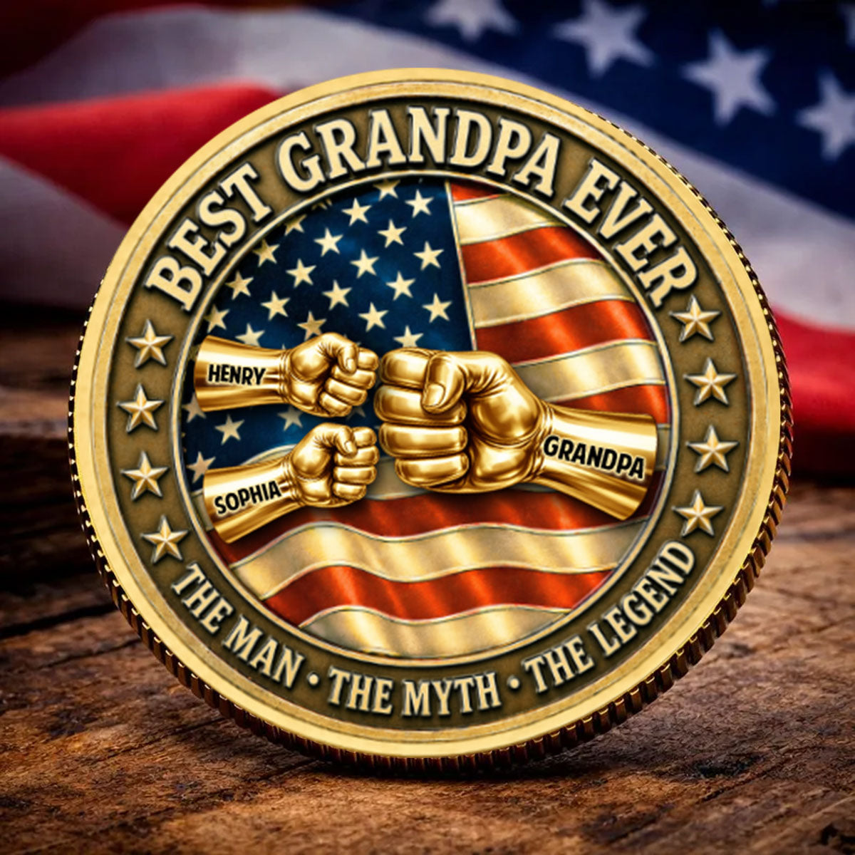 Proud American Best Dad Grandpa Ever Fist Bump - Personalized Commemorative Keepsake Coin - Father's Day Gift For Dad