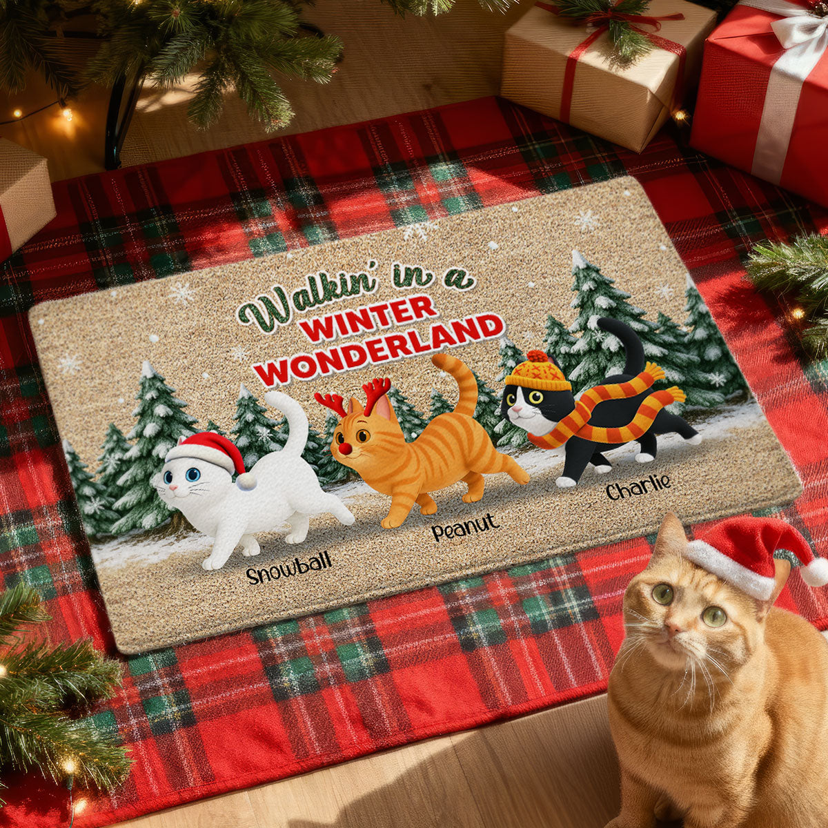 Cats Walking In A Winter Wonderland - Personalized Doormat - Gift For Cat Lovers