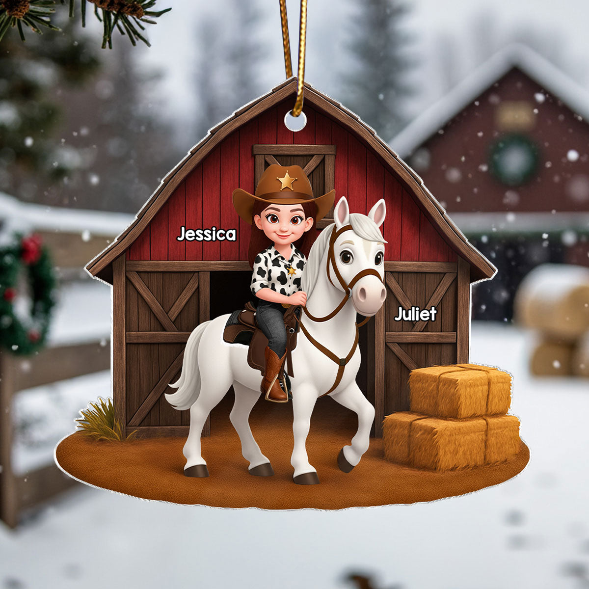 Country Girl And Horse Red Barn 3D Effect - Personalize Acrylic Ornament