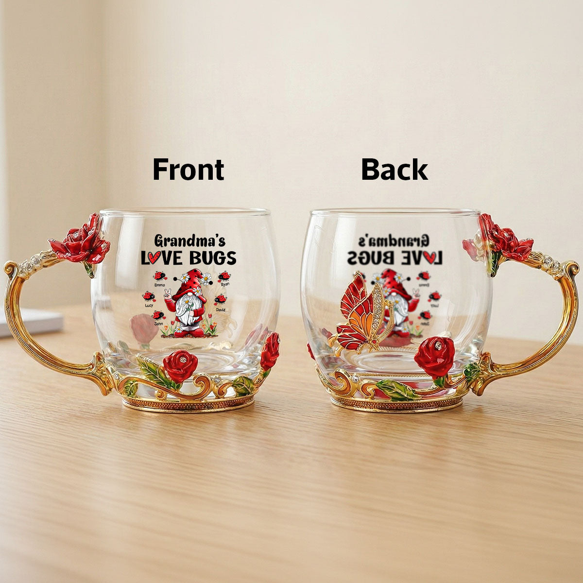 Grandma's Love Bugs - Personalized Enamel Flower Tea Cup - Gift For Grandma, Mom