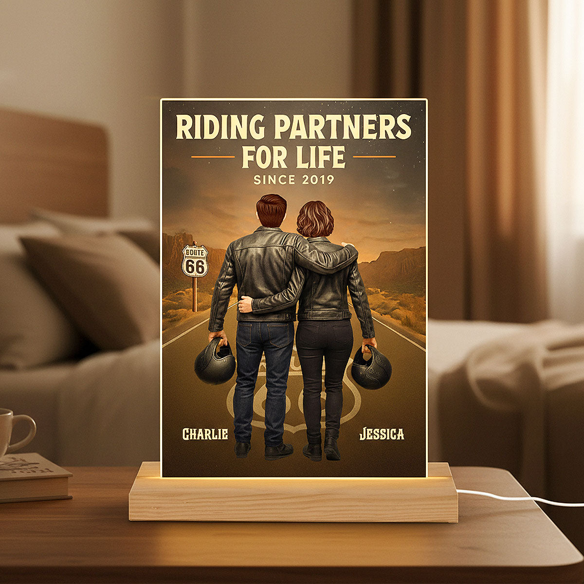 Eternal Love Back View Biker Couple Riding Partners For Life - Personalized Acrylic Plaque LED Night Light - Gift For Couple, Bikers, Gift For Him, For Her