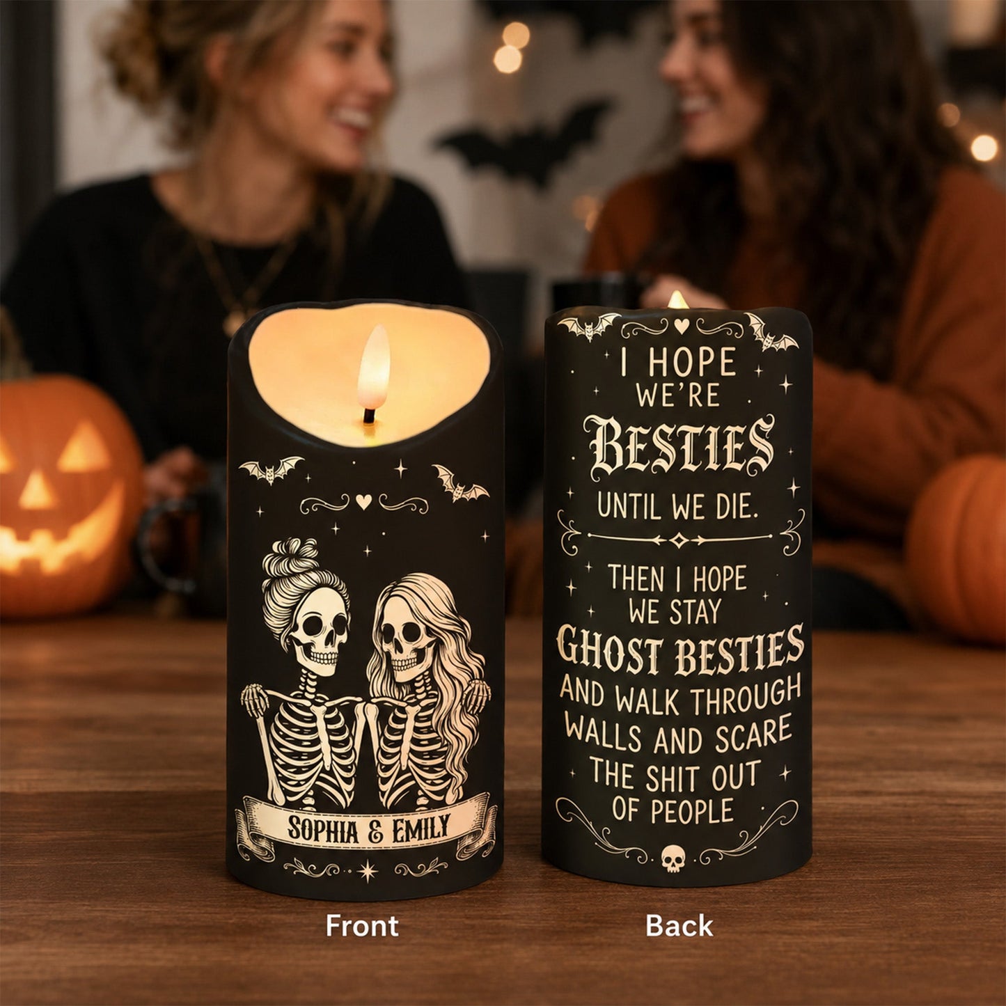 Skeleton Besties Until We Die - Personalized LED Candle - Funny Work Bestie Gift, Halloween Keepsake For Best Friends