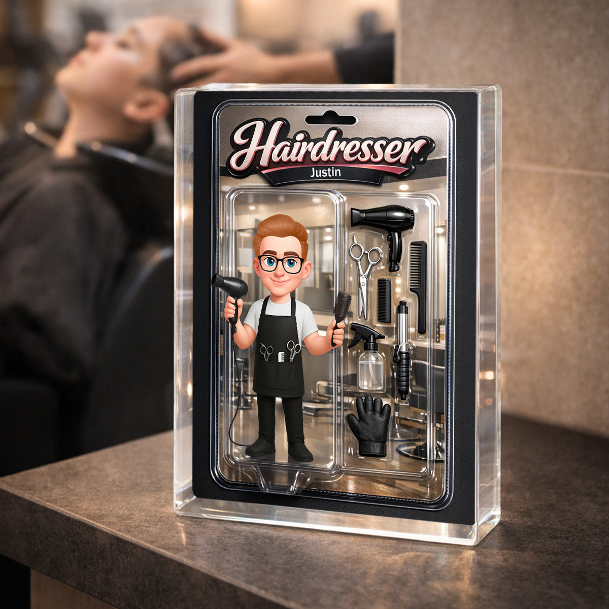 3D Effect Man Hairdresser Action Figure - Personalized Acrylic Block Plaque - Gift For Hairdressers