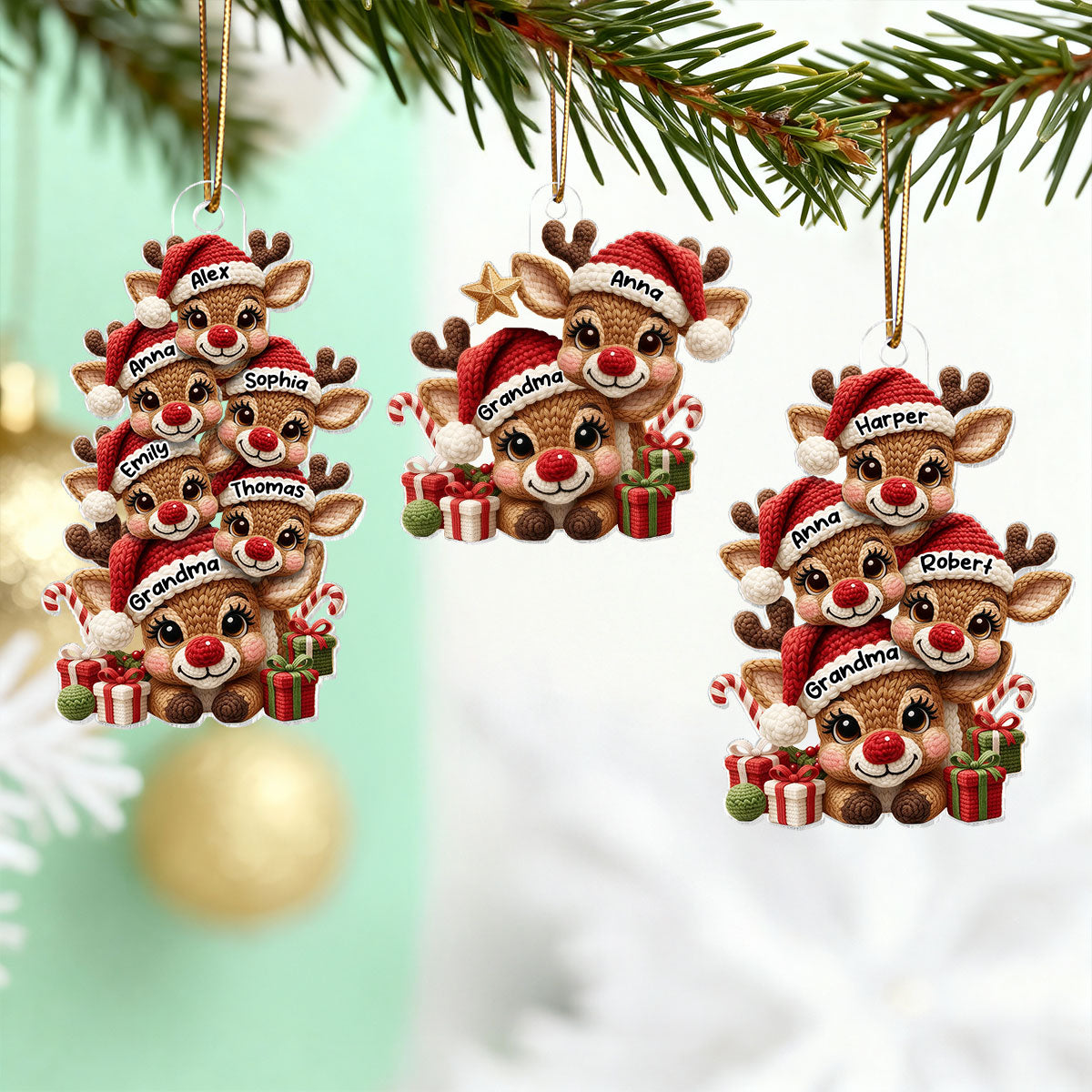 3D Effect Faux Yarn Grandma & Grandkids Reindeer Christmas - Personalized Acrylic Ornament - Gift for Grandma, Grandkids