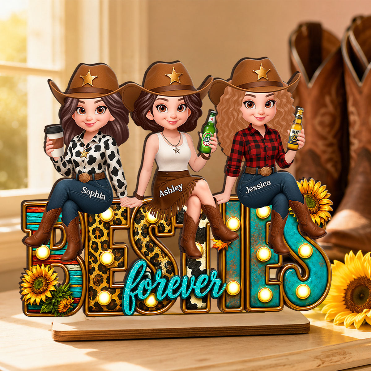Western Besties Leopard Checkered - Personalized 2-Layered Wooden Plaque - Gift for Best Friends