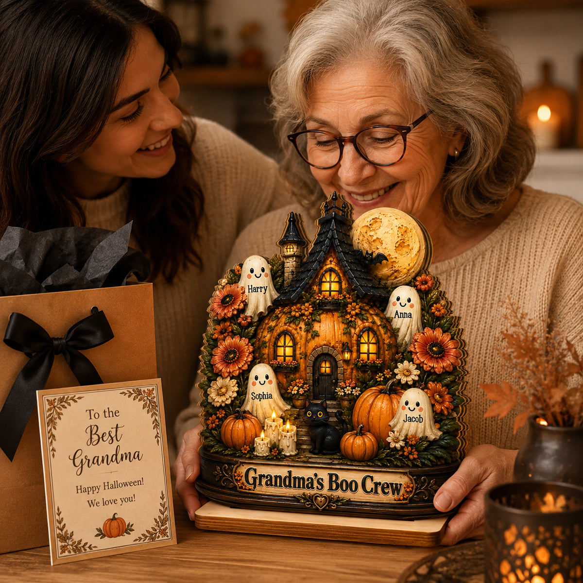 Pumpkin House Grandma's Boo Crew - Personalized 2-Layered Wooden Plaque - Halloween Decor Gift, Gift For Grandma