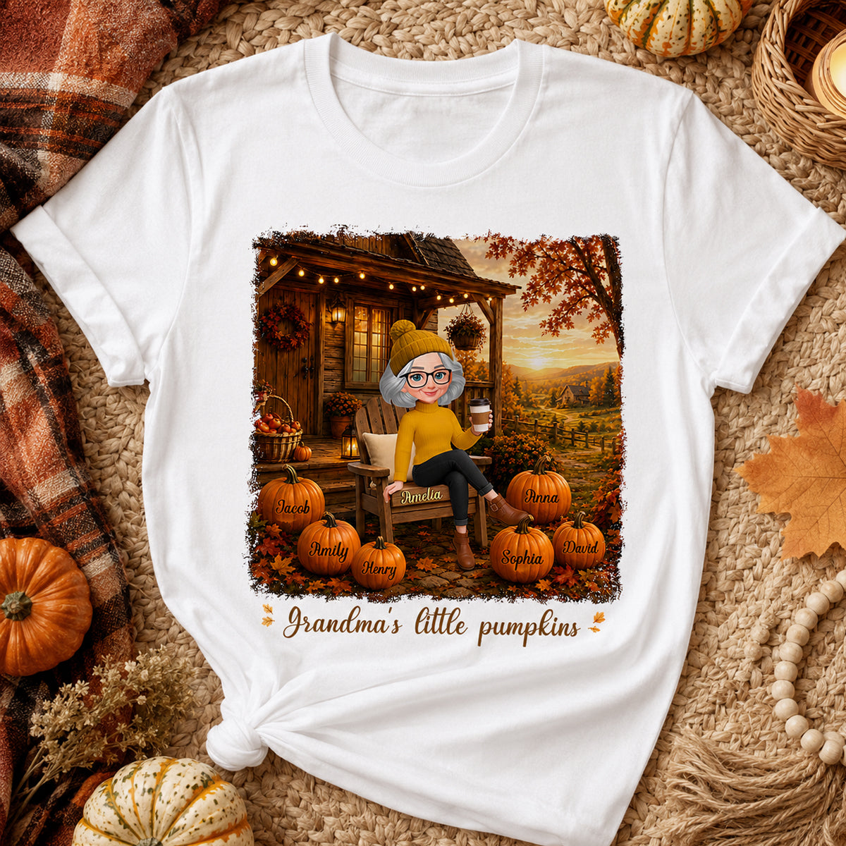 Grandma Sitting On Porch Grandkids - Personalized Shirt - Fall Season Gift, Gift For Grandma