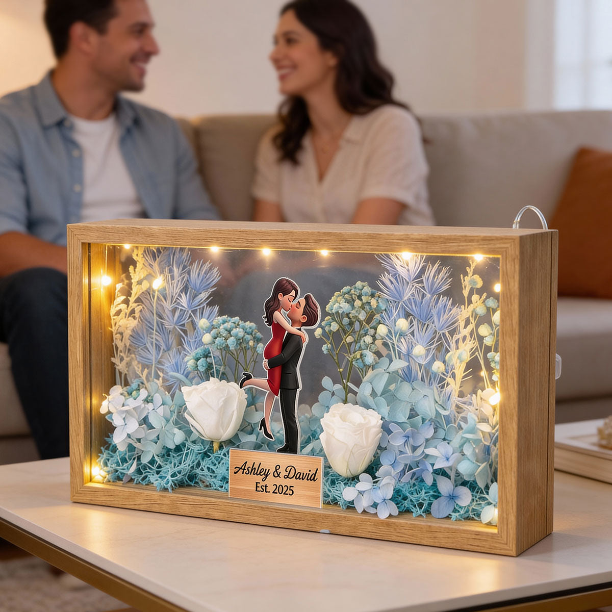 Romantic Couple Hugging Kissing - Personalized DIY Flower Shadow Box LED Night Light - Gift For Couple, For Him, For Her