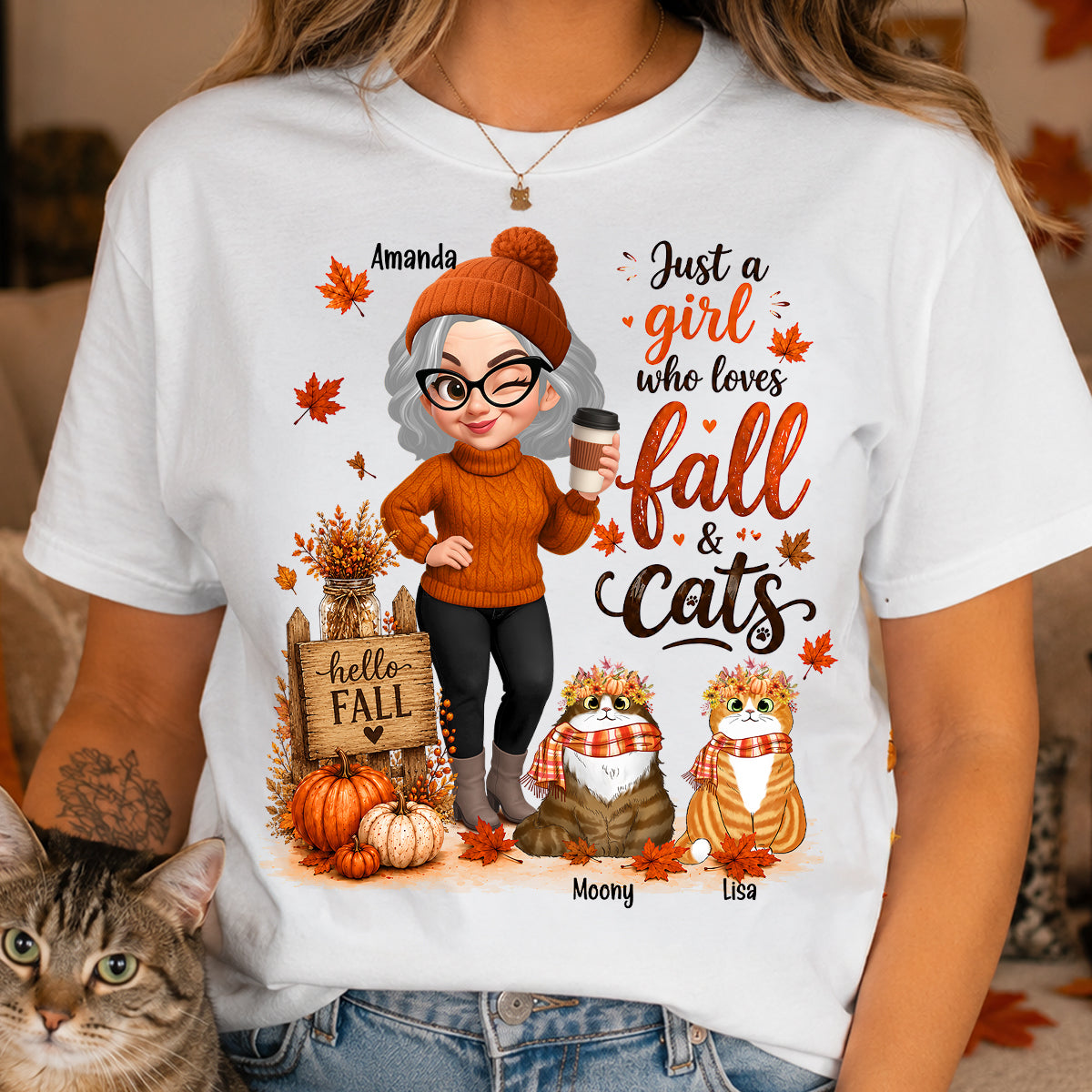 Just a Girl Who Loves Fall & Cats - Personalized Shirt - Cozy Fall Shirt for Cat Moms
