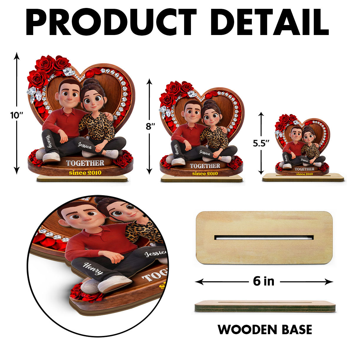 Couple Sitting Rose Heart - Personalized 2-Layered Wooden Plaque - Heartfelt Valentine's Day Gift for Her, for Him
