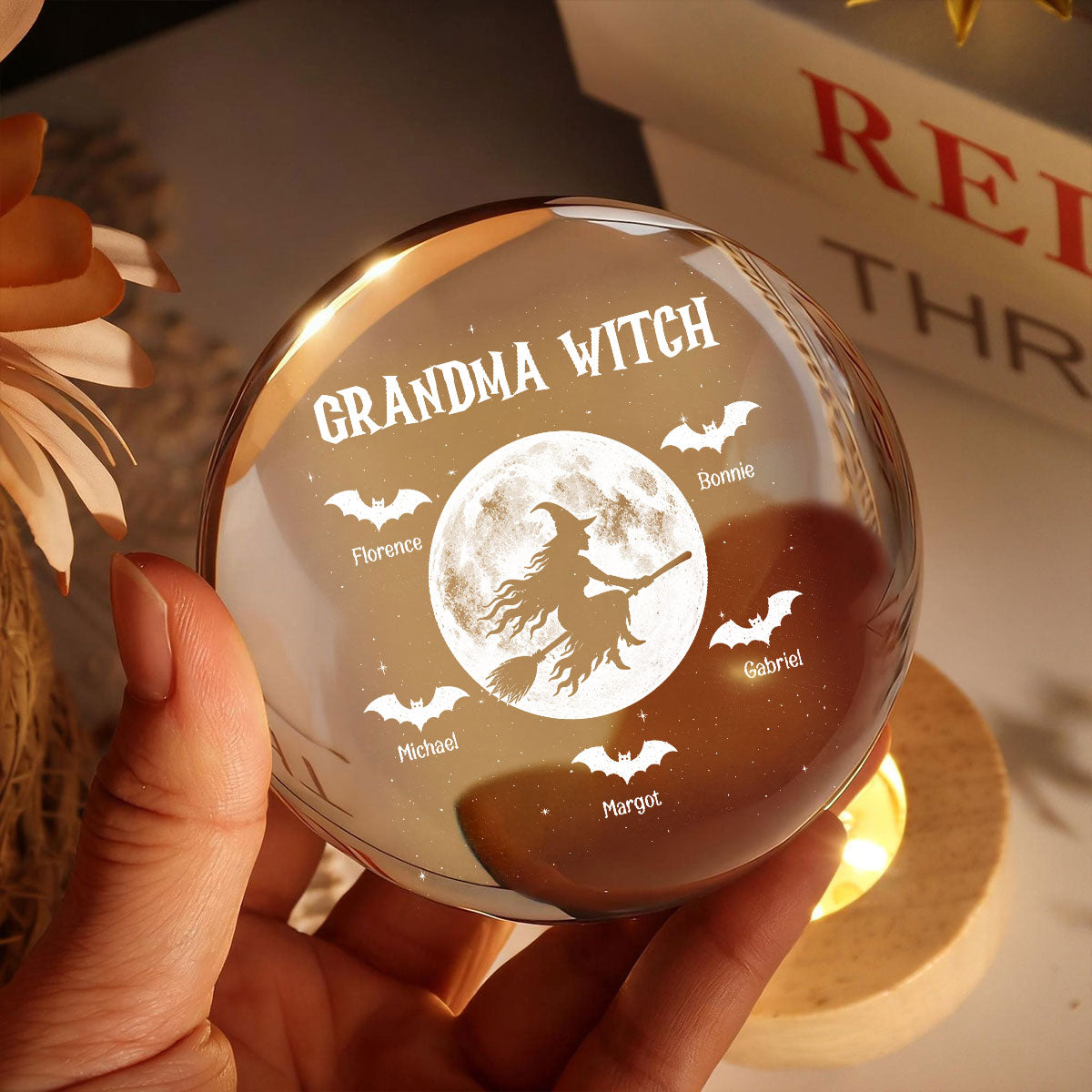 Grandma Witch With Kids Names - Personalized Crystal Ball Night Light - Halloween Gift