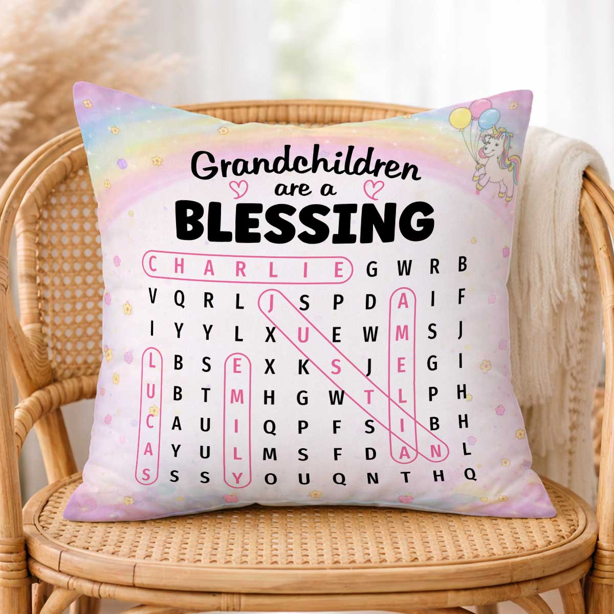 Grandchildren Are A Blessing Word Search Puzzle - Personalized Pillow - Heartfelt Gift for Grandma