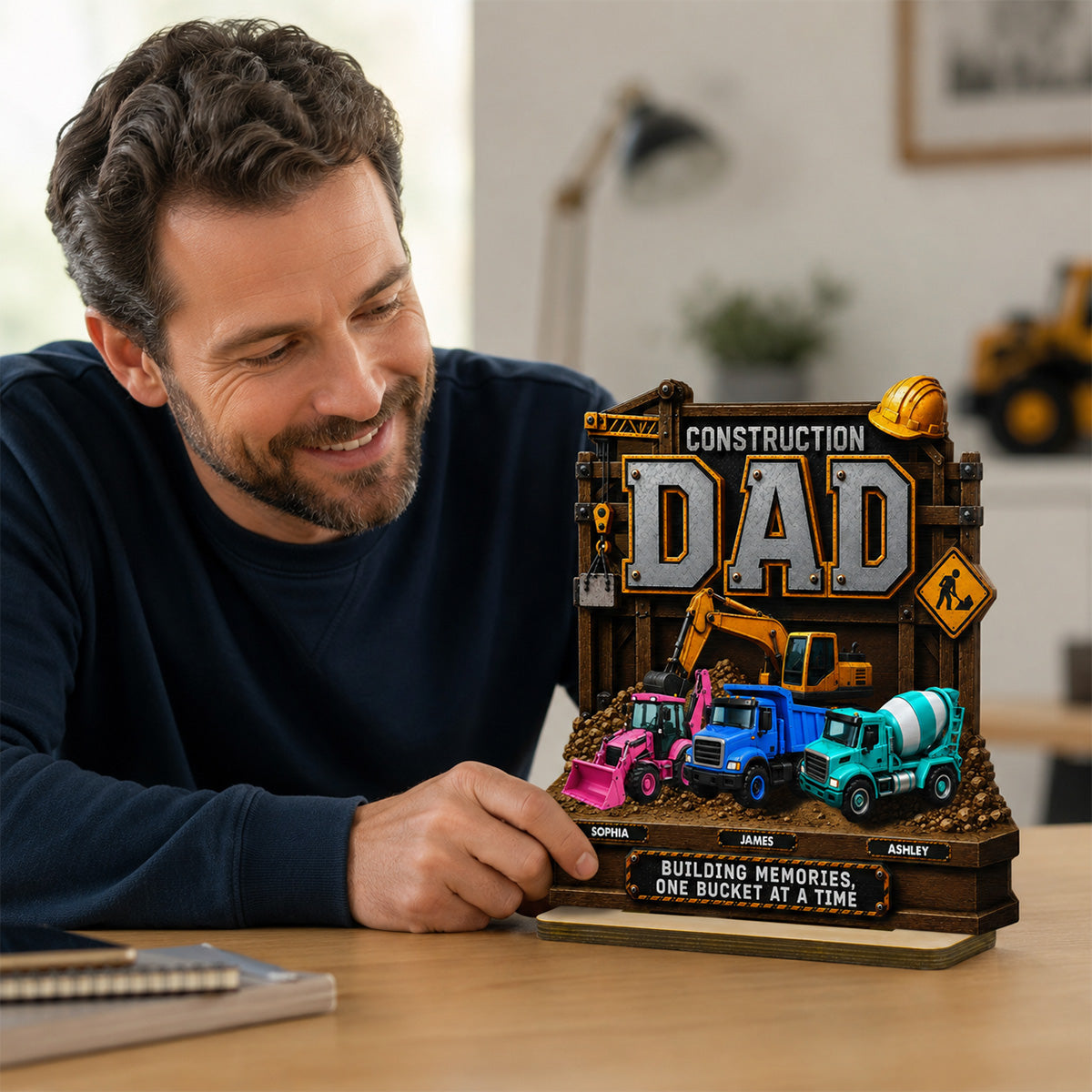 Construction Dad with Kids Names 2D Flat - Personalized Wooden Plaque