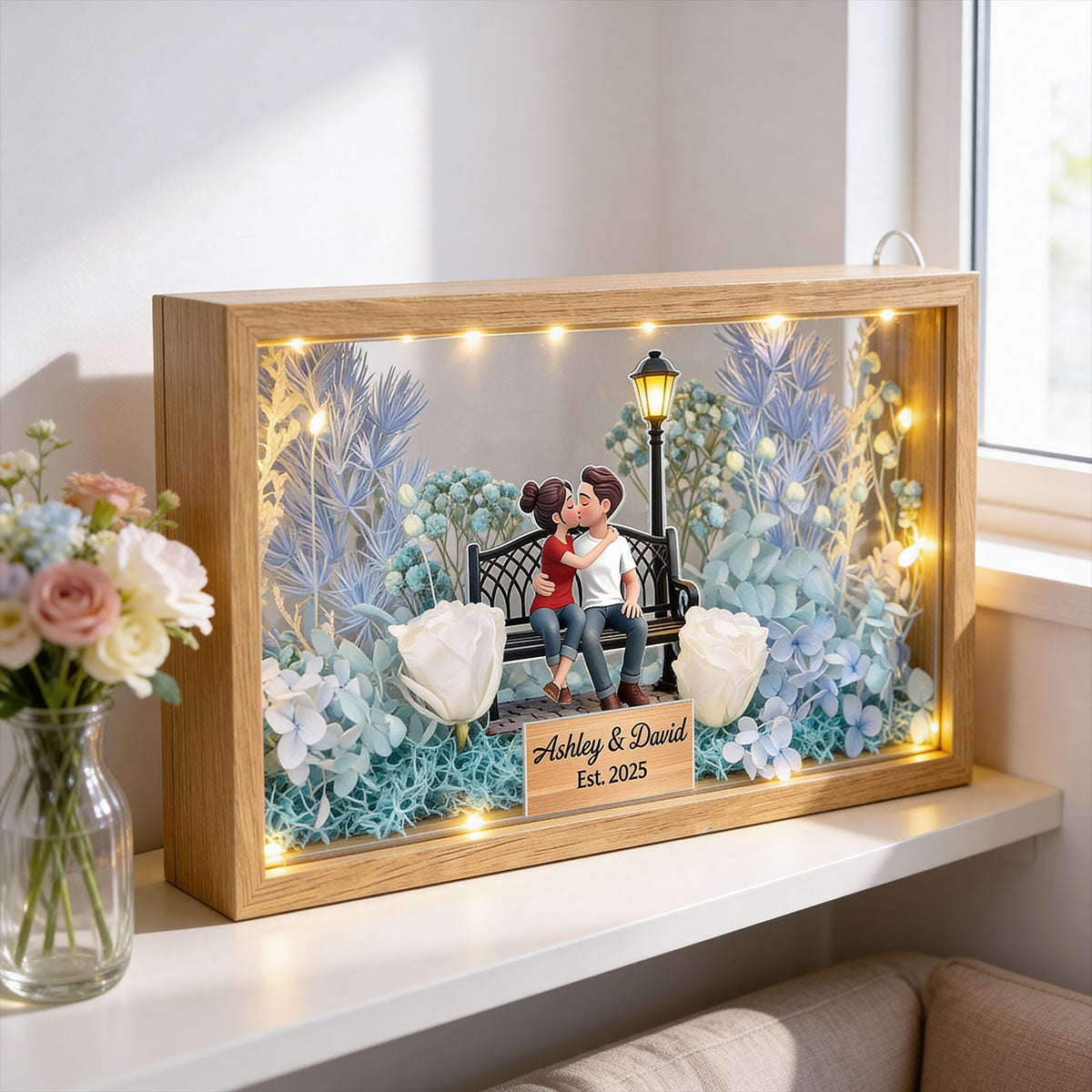 Eternal Love Couple Sitting Kissing - Personalized DIY Flower Shadow Box LED Night Light - Gift For Couple, For Him, For Her