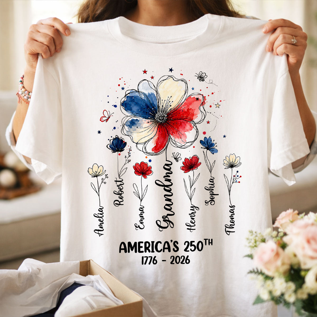 Proud Mom Grandma Flowers American 250th Anniversary - Personalized Shirt - Gift For Mom, Grandma