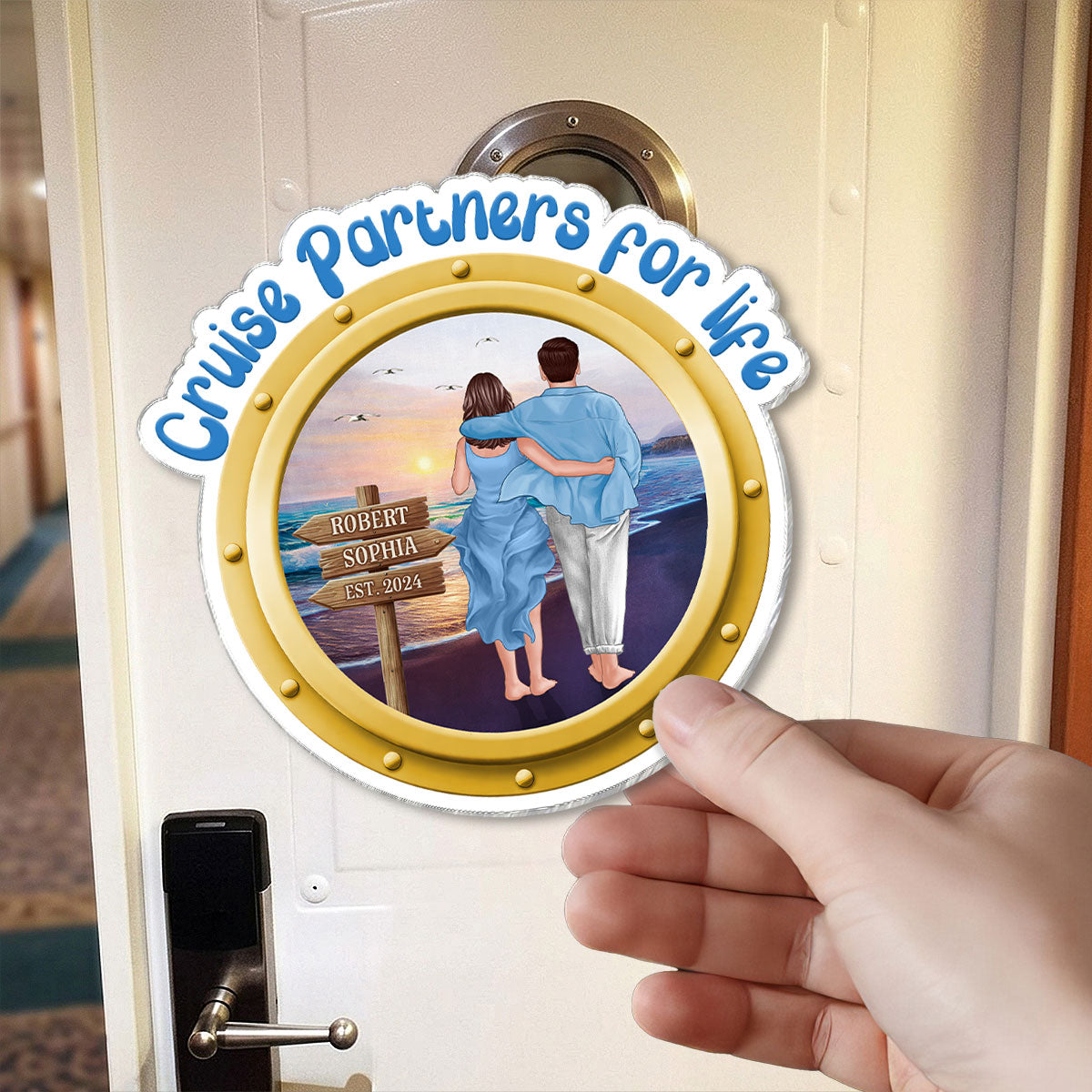 Cruise Partners For Life Porthole Couple Walking At Beach - Personalized Cruise Ship Door Magnet