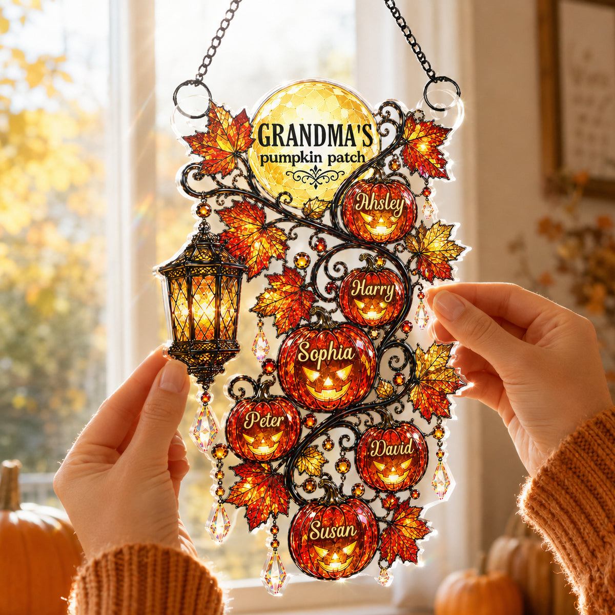 Grandma's Pumpkin Patch - Personalized Acrylic Suncatcher - Halloween Fall Decor for Grandma