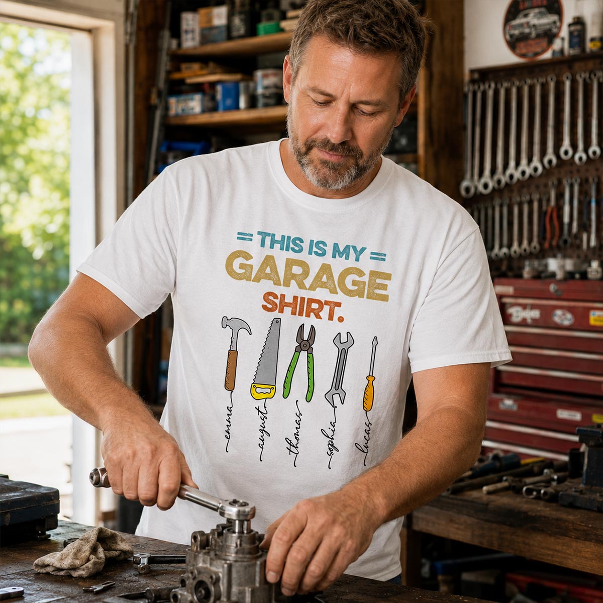 This Is My Garage Shirt Custom Kids Name - Personalized Shirt - Father's Day Gift For Mechanic Dad, Grandpa