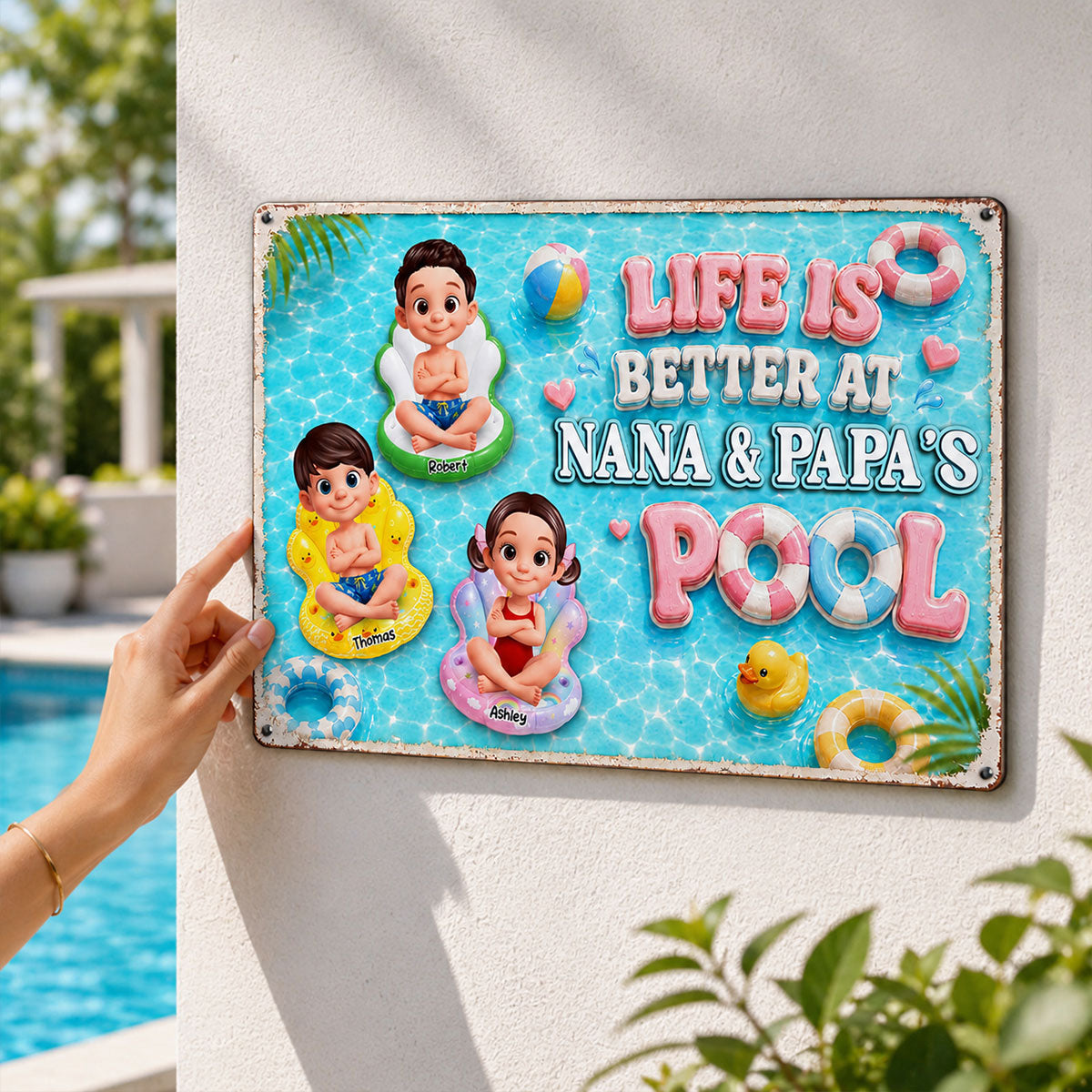 Pastel Life Is Better At Pool - Personalized Metal Sign - Gift For Grandparents, Summer Outdoor Pool, Porch, Patio, Bar Decoration
