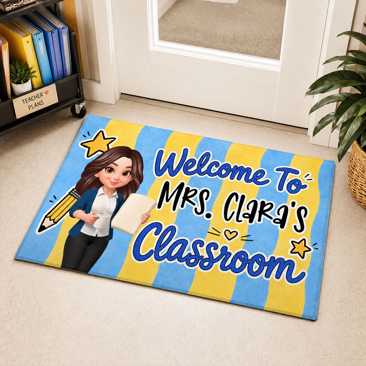 Striped Teacher Welcome To Classroom - Personalized Doormat - Back To School Gift, Classroom Decoration