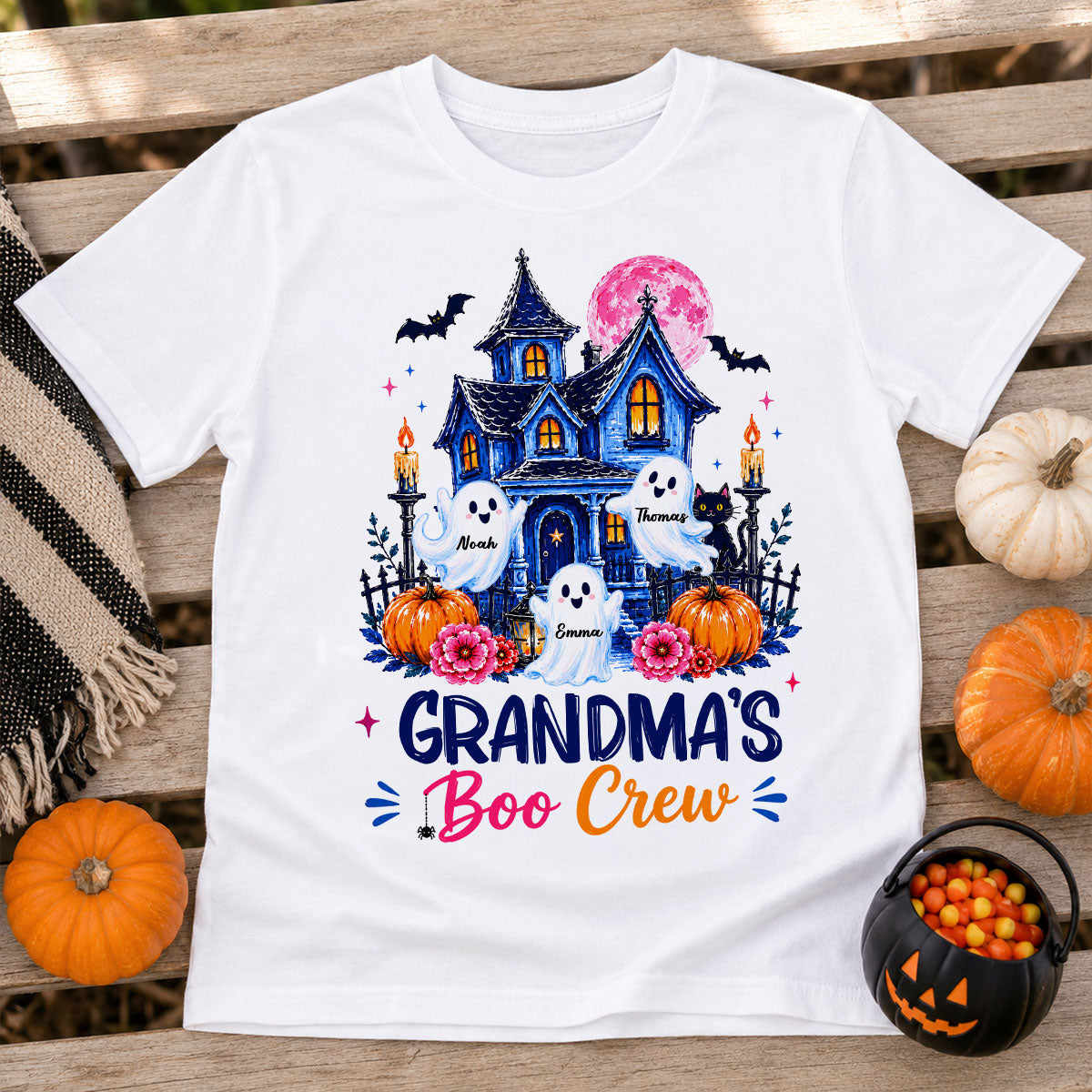 Grandma's Boo Crew Trendy Haunted House - Personalized Shirt - Halloween Shirt for Grandma