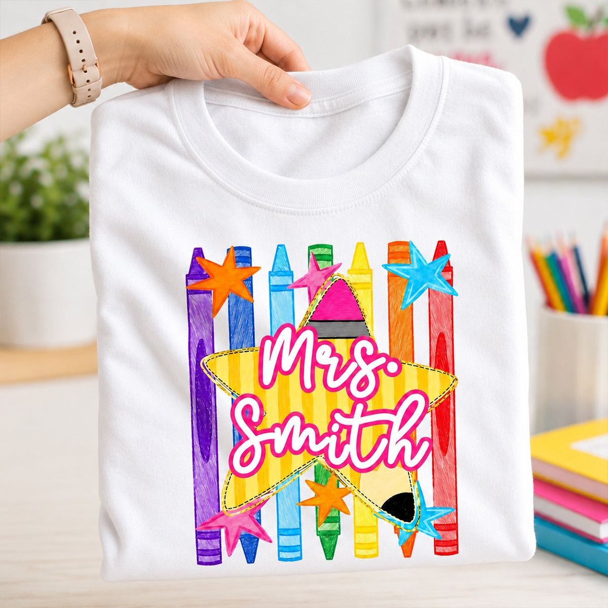 Striped Custom Teacher Name Pencil Crayons - Personalized Shirt - Back To School Gift for Teachers
