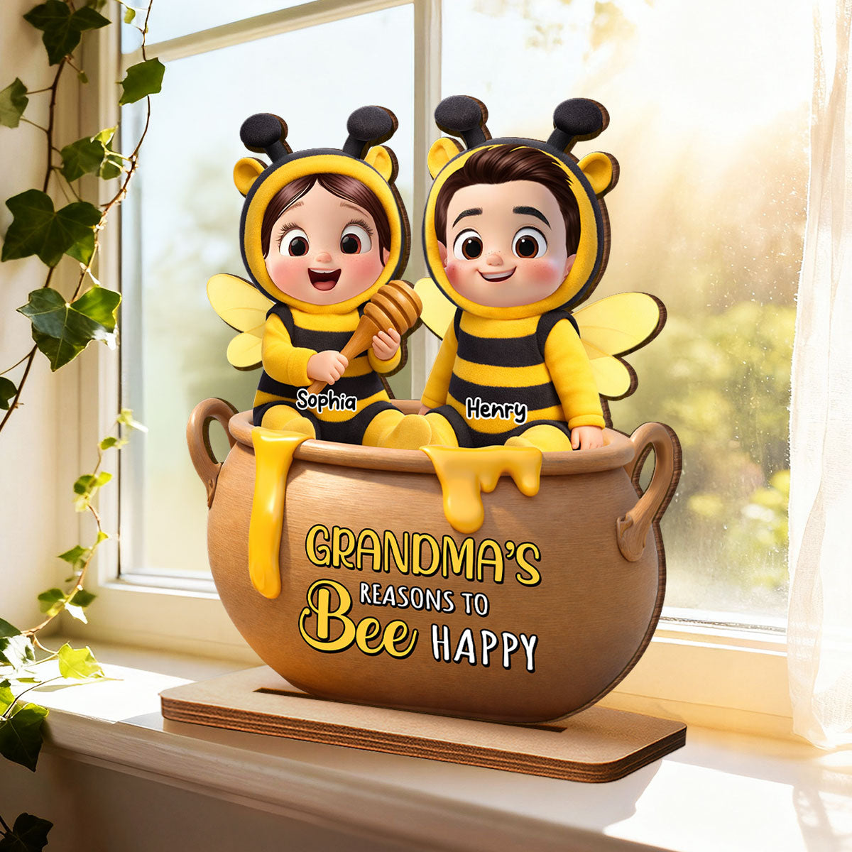Grandma's Reasons to Bee Happy - Personalized 2-Layered Wooden Plaque - Heartfelt Mother's Day Gift for Grandma
