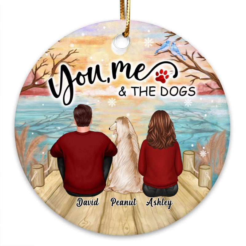 Reflected Lake Couple Sitting With Dogs Personalized Circle Ornament