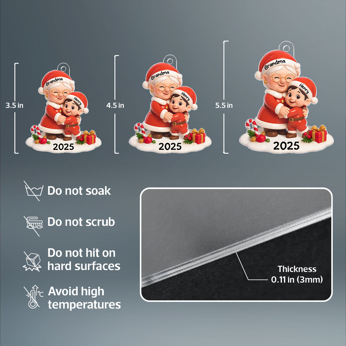 Santa Grandma Hugging Grandkid 3D Effect Personalized Acrylic Ornament, Christmas Gift for Grandson, Granddaughter, Grandma