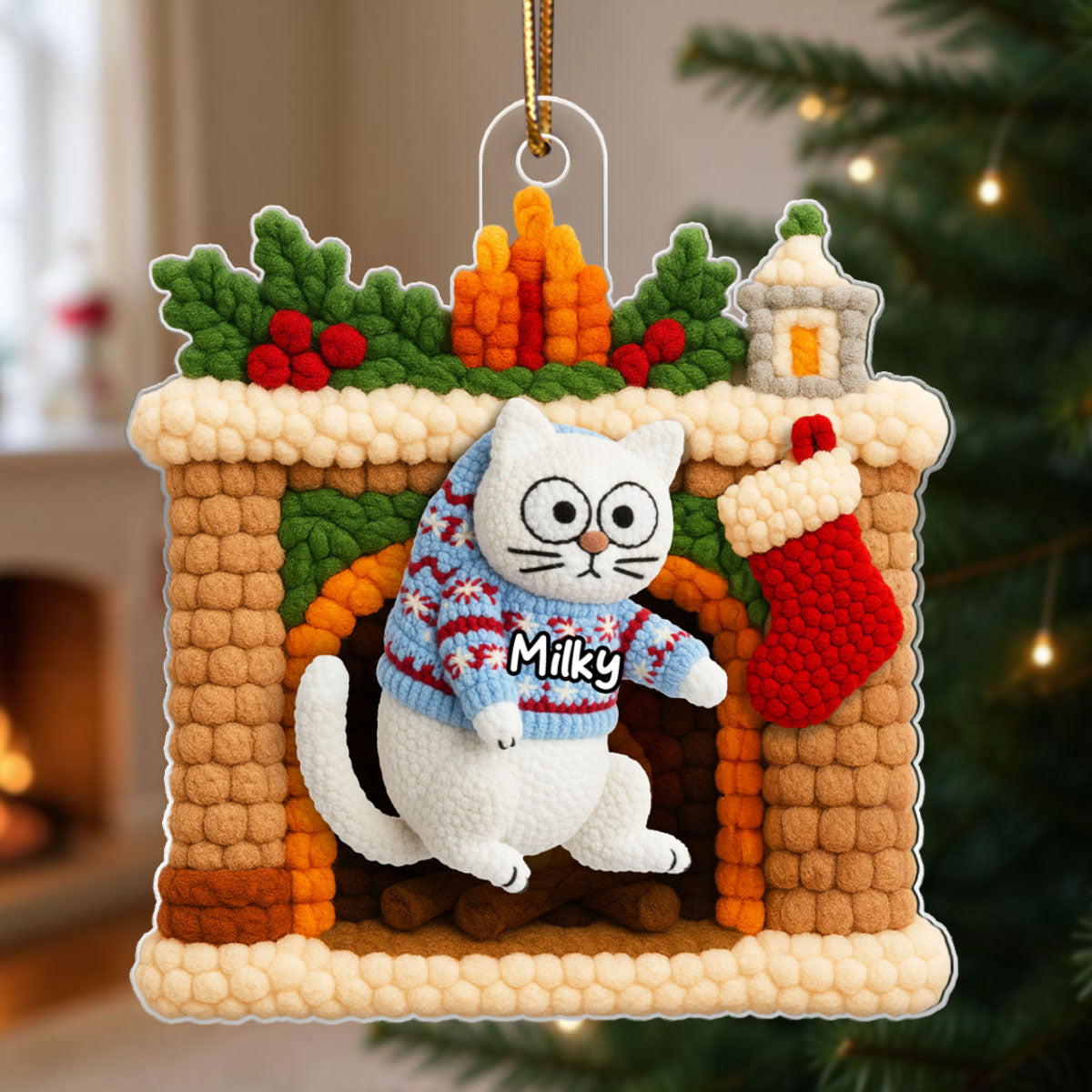 Cat Hanging on Christmas Mantel Fireplace Latch Hook Yarn Faux - Personalized Acrylic Ornament - Christmas Gift for Cat Lovers