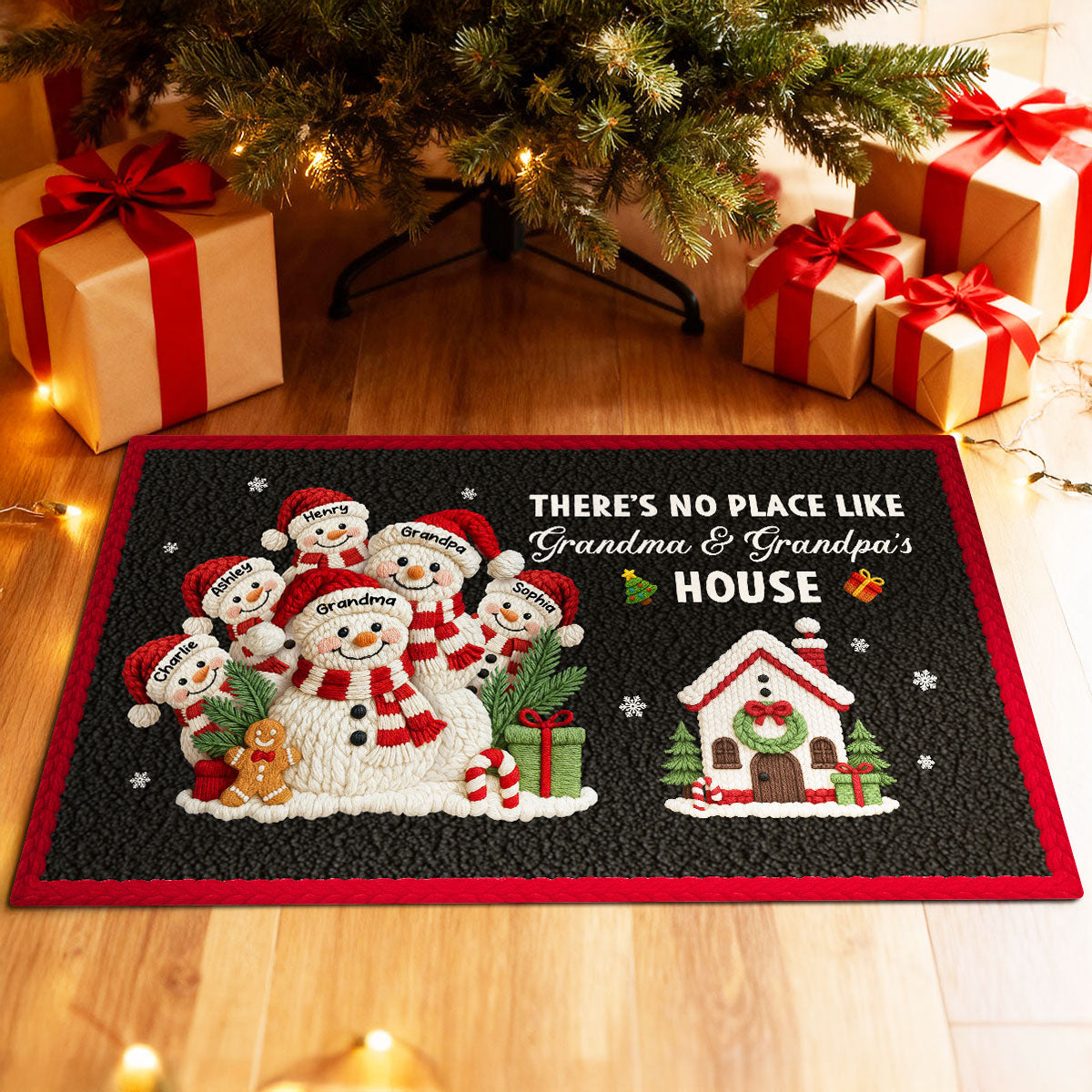 No Place Like Grandma Grandpa Snowman Latch Hook Yarn Faux - Personalized Doormat - Festive Christmas Decor for Grandparents