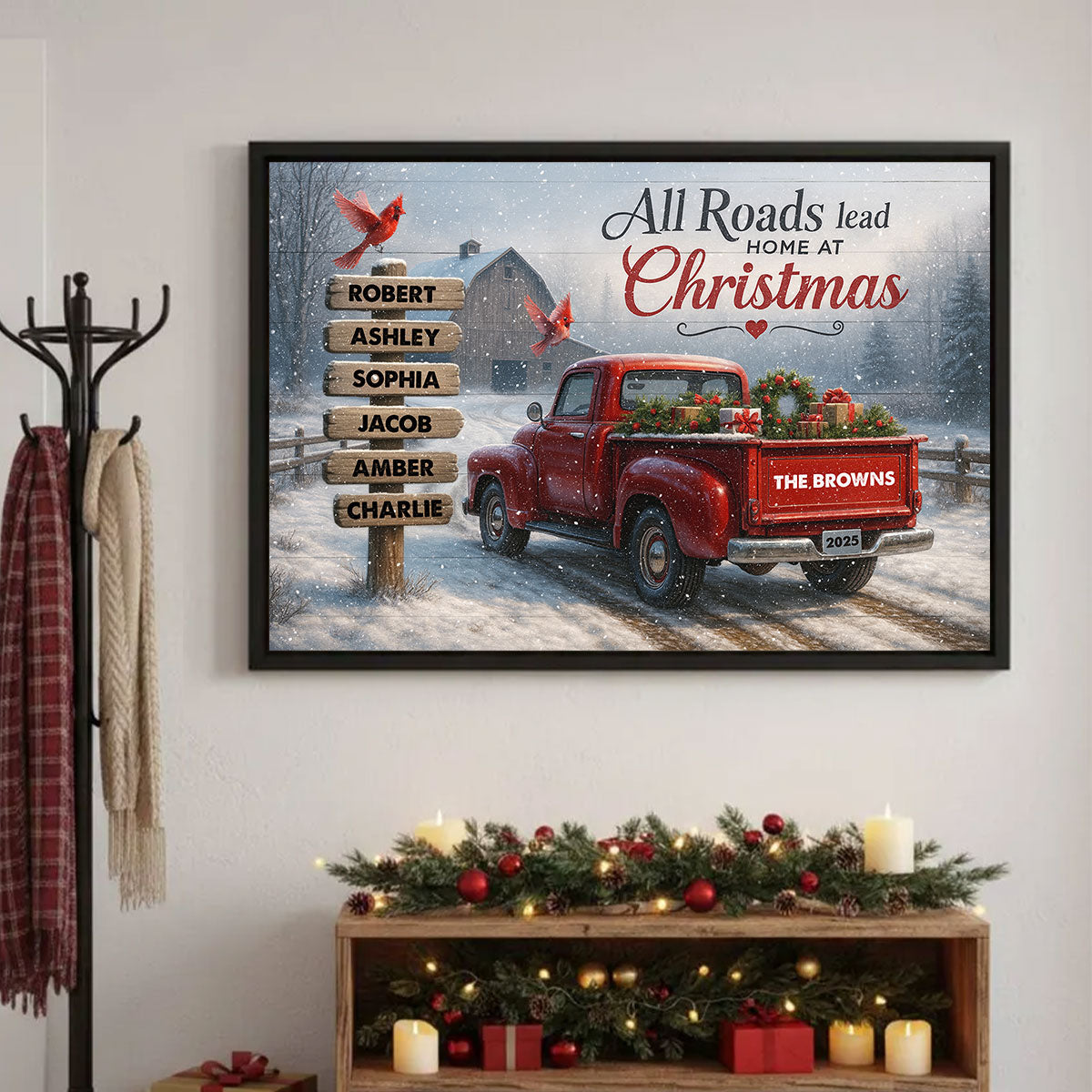 All Roads Lead Home at Christmas - Personalized Poster - Family Christmas Sign with Names, Christmas Home Decor